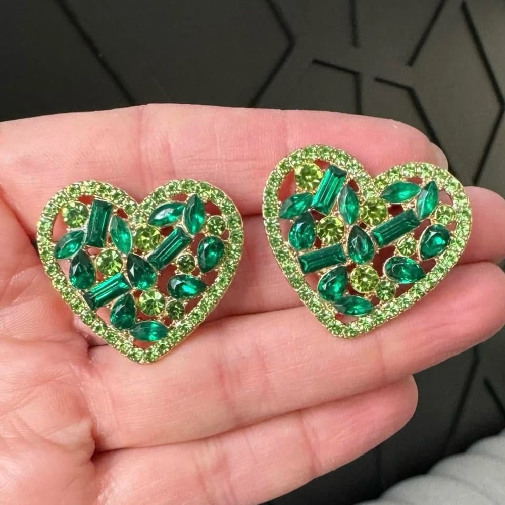 Green Bling Heart Earrings | Statement Studs | Lightweight Sparkle
